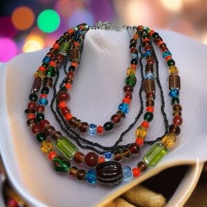 Vintage Multistrand Mixed Shaped Glass Beaded Necklace with Vibrant Hues